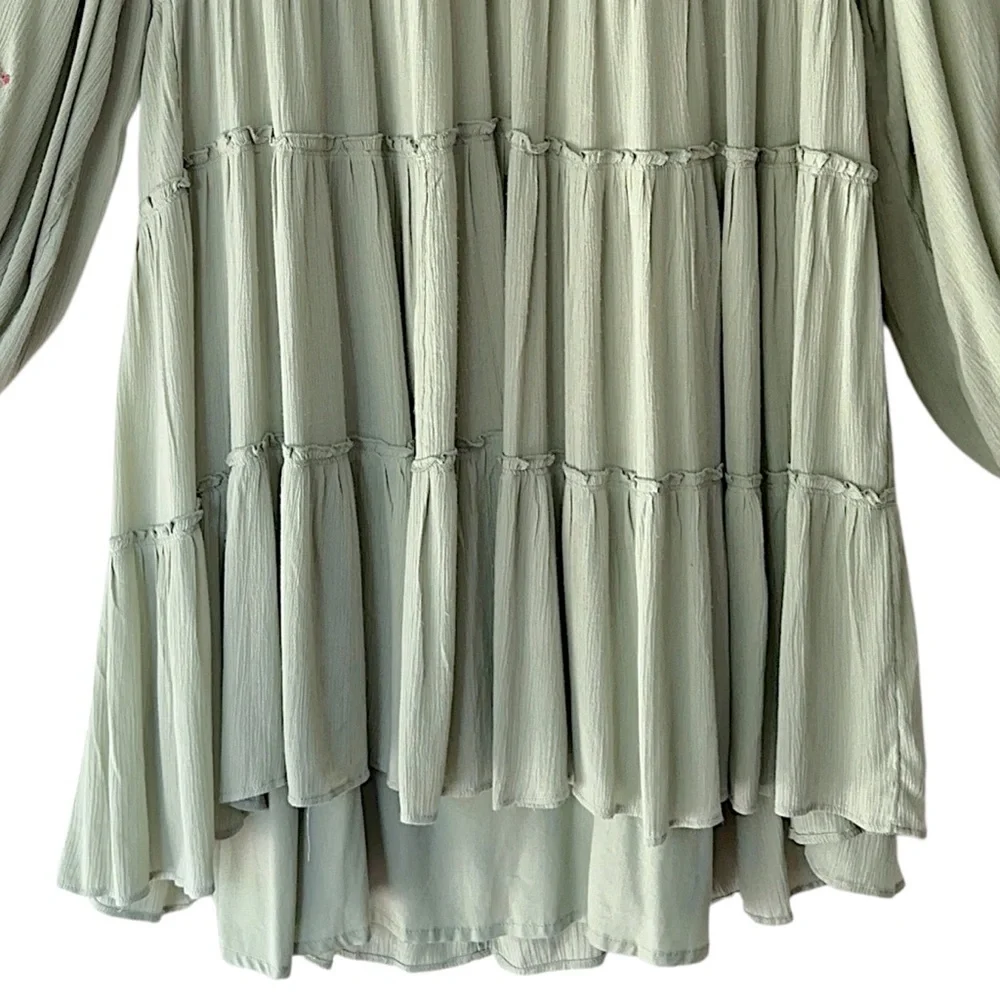 FREE PEOPLE SPELL ON YOU EMBROIDERED DRESS EARTH SAGE TASSEL TIES LINED | LARGE